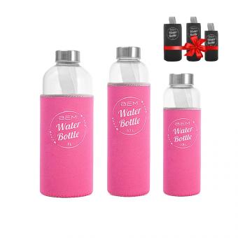 BEM Water Bottle-SET: 3 x Trinkflaschen je in schwarzer Hülle +