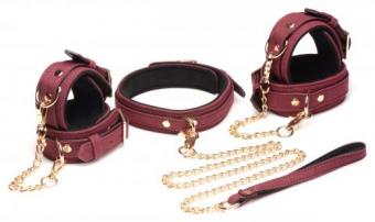 6 Piece BDSM Suede Bondage Set with Collar and Strap - Burgandy