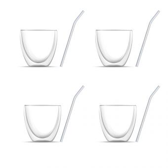 Set of 8: Four double-walled coffee glasses (240 ml each) &amp; four glass straws