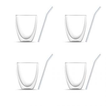 Set of 8: Four double-walled cappuccino glasses (330 ml each) &amp; four glass straws