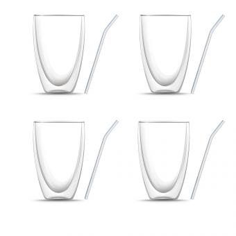 8-er Set: Vier Doppelwandige Latte Macchiato Gläser (je 440 ml) & vier Glasstrohhalme