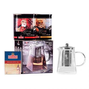 Geschenk-Teeset: Tee-Glaskanne mit Filter (950 ml) + drei Riston-Tees (je 100g)