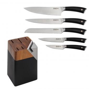 BEM Master Chef - Messer-Set 6-tlg. aus Edelstahl mit Messerblock und integriertem Schärfer