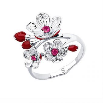 Sokolov ladies ring in 925 silver with ruby HTS and enamel