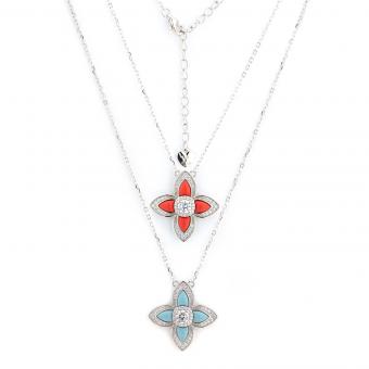 Necklace with a flower motif pendant in 925 silver with coral or turquoise