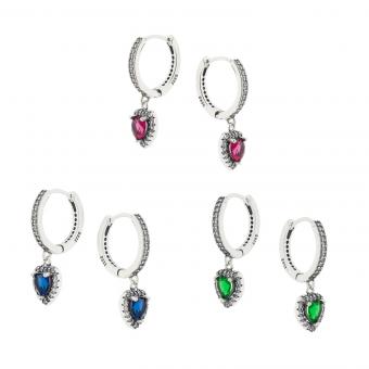 Hoop earrings in 925 silver with heart-shaped zirconia pendant in three color variations