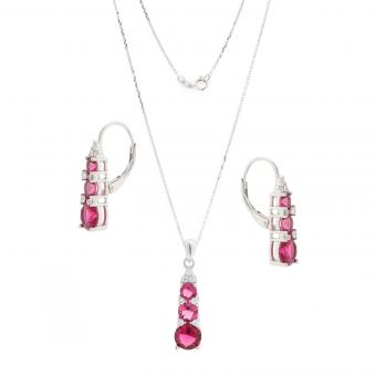 Jewelry set: necklace, pendant &amp; earrings in 925 silver with zirconia, red or blue