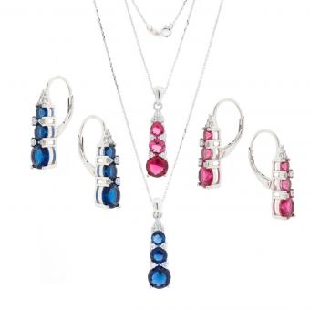 Jewelry set: necklace, pendant &amp; earrings in 925 silver with zirconia, red or blue