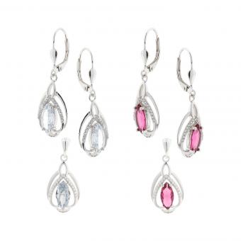 Set: earrings + pendant in 925 silver with zirconia, red or white