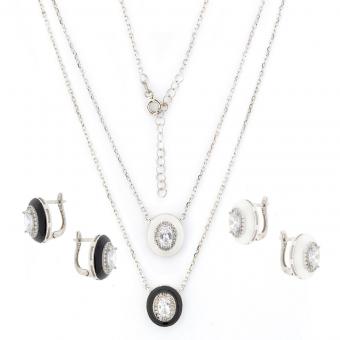 Set: Ohrringe + Collier aus 925 Silber mit Zirkonia, umrahmt in Emaille