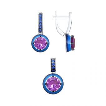 Sokolov set of 925 silver: earrings + pendant with sitall, zirconia and enamel