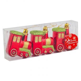 Christmas tree decoration set of 3 red trains, 8 cm