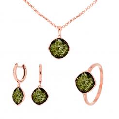 Promotion 1+1=3: Jewelry set made of gold-plated 925 silver with round green amber stones