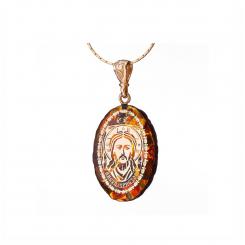 AmberProfi Oval Amber Pendant Icon with Gold Plated Face of Jesus Christ