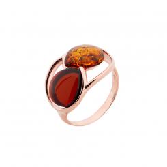 Ladies' ring rose gold-plated 925 silver with cherry and cognac amber