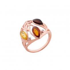 Ladies' ring rose gold-plated in 925 silver with amber in 3 shades and zirconia