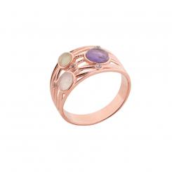 Ladies' ring rose gold-plated in 925 silver with amethyst, quartz and prehnite