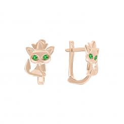 Children's earrings kitten in rose gold 585 with green zirconia