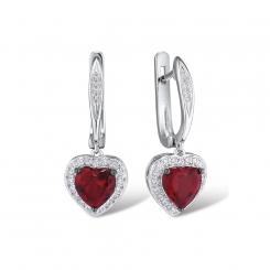 Sokolov heart shape earrings in 925 silver with red nano rubies and colorless cubic zirconia