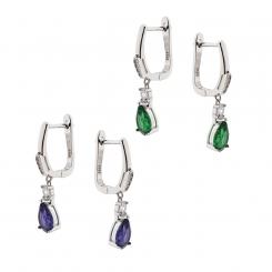 Earrings in 925 silver with green or purple and colorless zirconia