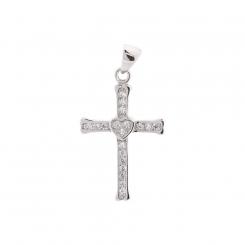 Cross pendant in 925 silver with small heart with zirconia + silver chain 