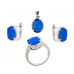 Jewelry set in 925 silver with blue opal: earrings + pendant + ladies' ring