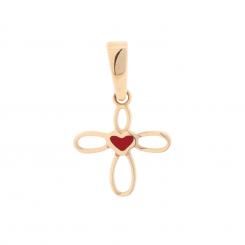 Cross pendant in 585 rose gold with a small red heart