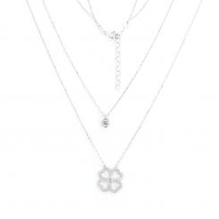 Double-row necklace in 925 silver with a cloverleaf pendant and zirconia