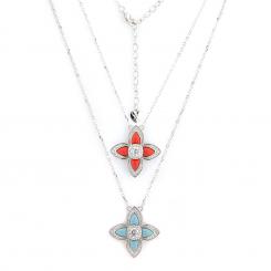 Necklace with a flower motif pendant in 925 silver with coral or turquoise