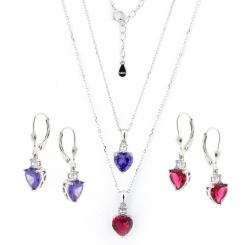 Set: earrings + necklace in 925 silver with zirconia in the shape of a zirconia, red or purple