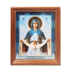 Ikone "Fürsprache Theotokos" Holzumrahmung, Doppelprägung, blauer Hintergrund