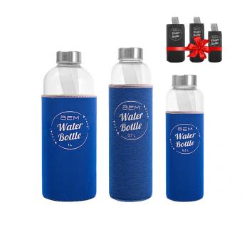 Water Bottle-SET: Trinkflaschen in 3 Größen mit Hüllen-Sets (schwarz+farbig)