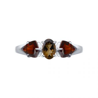 Sokolov 925 silver ladies ring with garnet and brown smoky topaz