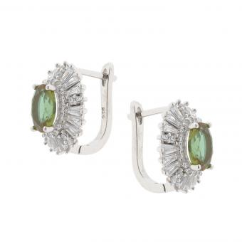 Set: earrings + pendant in 925 silver with green sultanites and white glass crystals