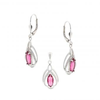 Set: earrings + pendant in 925 silver with zirconia, red or white