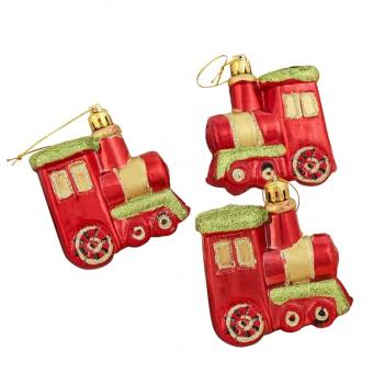 Christmas tree decoration set of 3 red trains, 8 cm