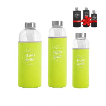 Water Bottle-SET: Trinkflaschen in 3 Größen mit Hüllen-Sets (schwarz+farbig)