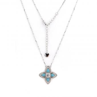 Necklace with a flower motif pendant in 925 silver with coral or turquoise