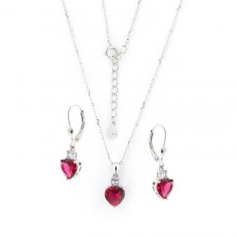 Set: earrings + necklace in 925 silver with zirconia in the shape of a zirconia, red or purple