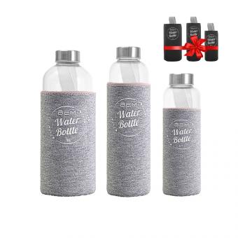 Water Bottle-SET: Trinkflaschen in 3 Größen mit Hüllen-Sets (schwarz+farbig)