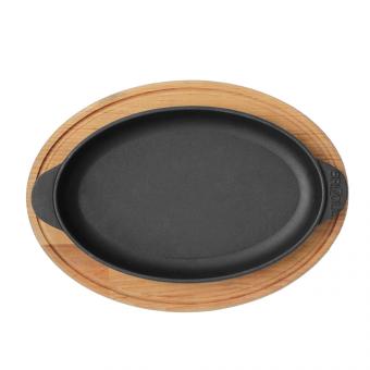 BriZoll serving pan oval made of high quality cast iron with wood tray