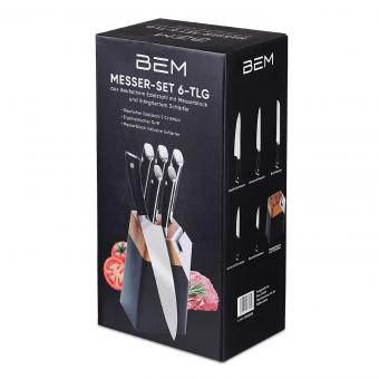 BEM Master Chef - Messer-Set 6-tlg. aus Edelstahl mit Messerblock und integriertem Schärfer