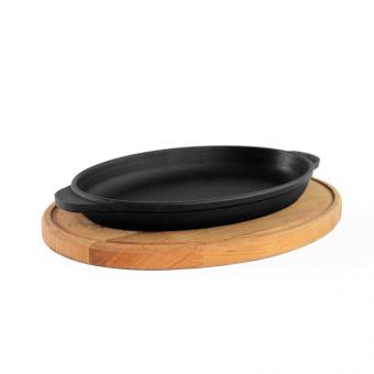 BriZoll serving pan oval made of high quality cast iron with wood tray