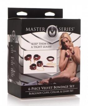 6 Piece BDSM Suede Bondage Set with Collar and Strap - Burgandy