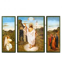 Triptych icon "Woskresenie Hristowo", made of wood, double embossing, 12 x 20 cm