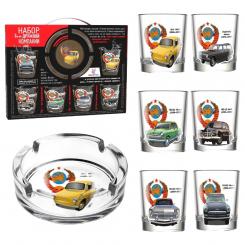 Gift set - Retro cars, ashtray + 6 glasses 50 ml each