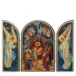 Triptych icon "Rozhdestvo Hristovo" No. 2, made of wood, double embossing, 18 x 24 cm