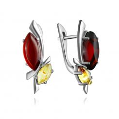 Earrings in 925 sterling silver with red and yellow amber stones