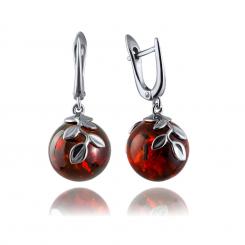 Earrings in 925 sterling silver with spherical amber in cognac color