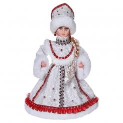 Decorative figurine of a snow maiden in white and red with silver with candy container, 35 cm